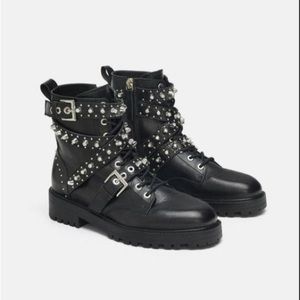 ZARA | Women’s Black Leather Rhinestone Spike Combat Boots | Size 39
